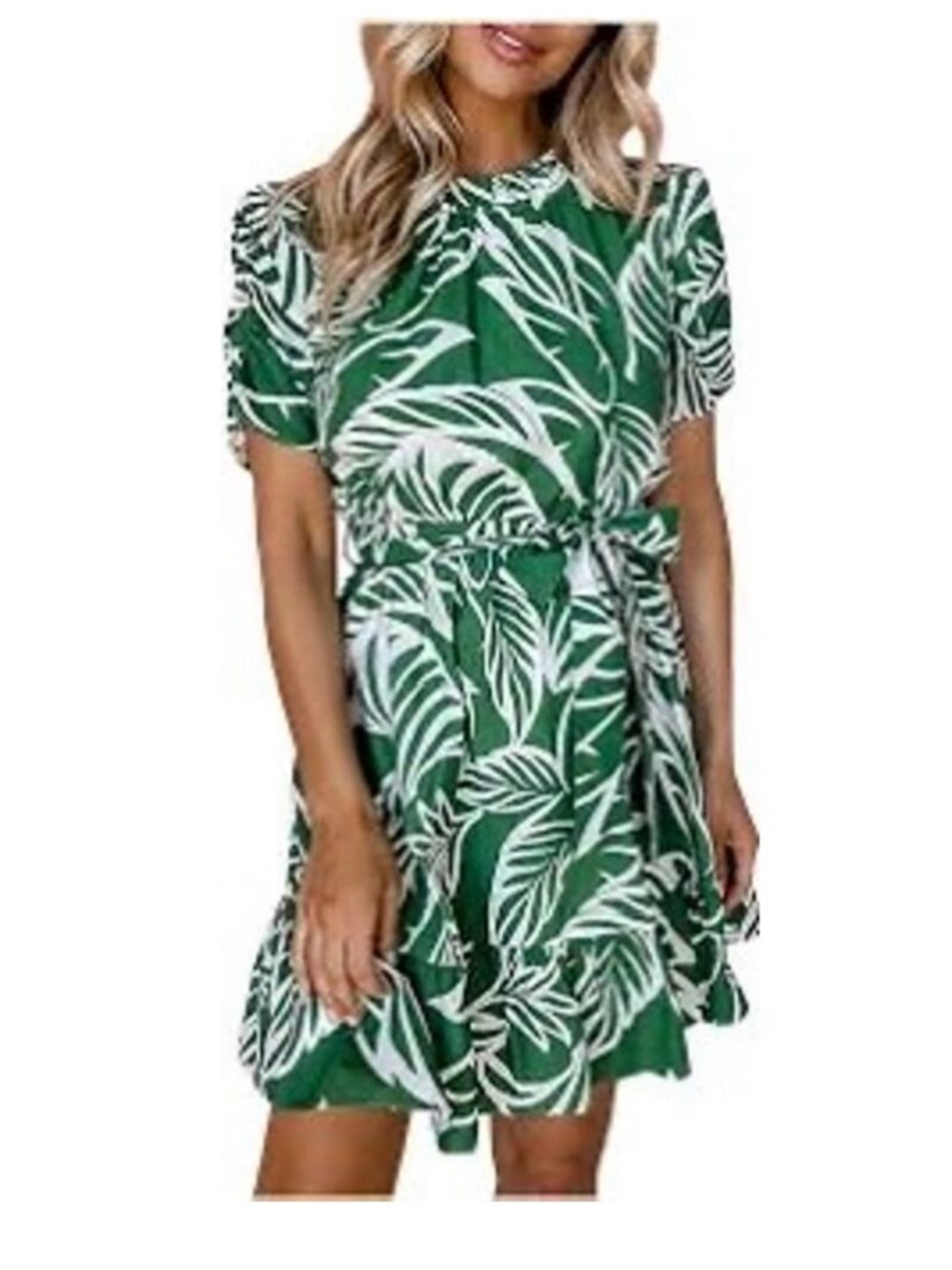 THML Green and White Leaf-Print Tie-Waist Mini Dress
